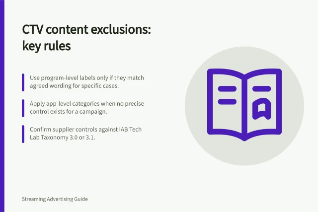 CTV content exclusions: key rules: Use program-level labels only if they match agreed wording for specific cases.; Apply app-level categories when no precise control exists for a campaign.; Confirm supplier controls against IAB Tech Lab Taxonomy 3.0 or 3.1. Agreeing on excluded CTV content categories and controls