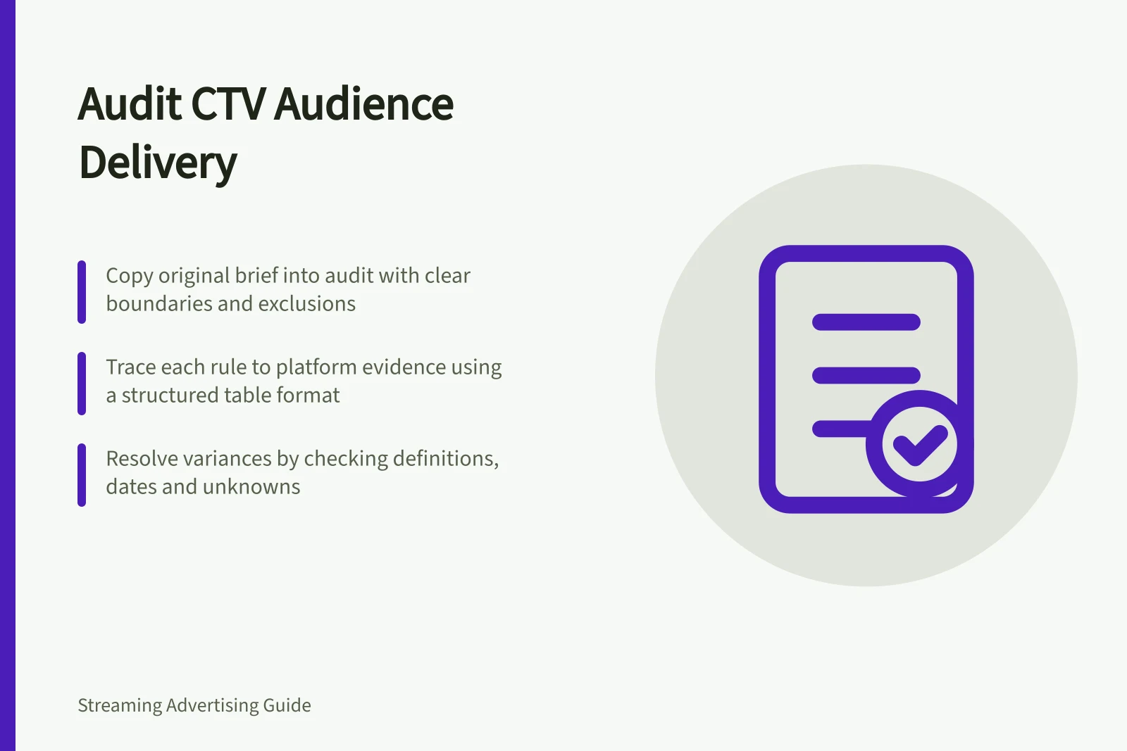 Audit CTV Audience Delivery: Copy original brief into audit with clear boundaries and exclusions; Trace each rule to platform evidence using a structured table format; Resolve variances by checking definitions, dates and unknowns