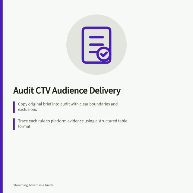 Audit CTV Audience Delivery: Copy original brief into audit with clear boundaries and exclusions; Trace each rule to platform evidence using a structured table format; Resolve variances by checking definitions, dates and unknowns. Auditing CTV delivery against the original audience brief