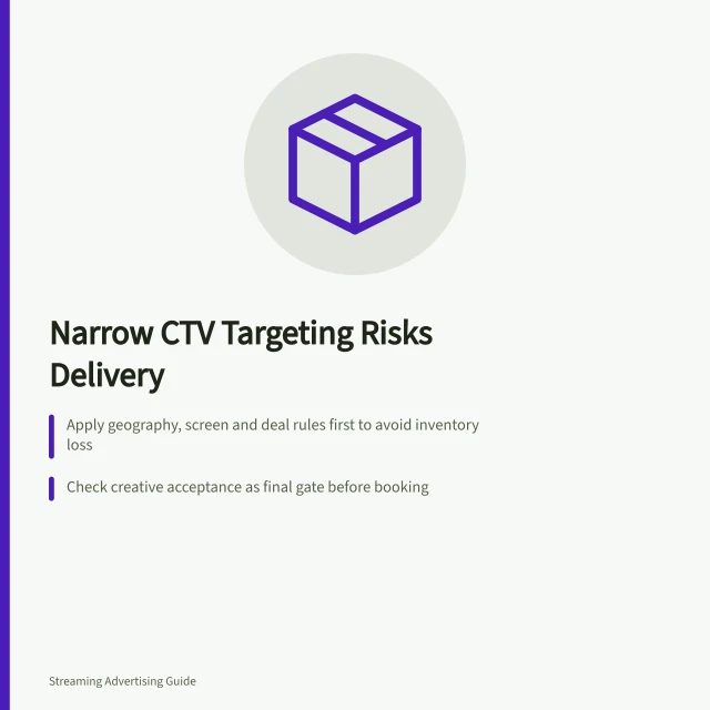 Narrow CTV Targeting Risks Delivery: Apply geography, screen and deal rules first to avoid inventory loss; Check creative acceptance as final gate before booking; Revise one optional rule if estimate falls below plan volume. Avoiding overly narrow CTV targeting that prevents delivery