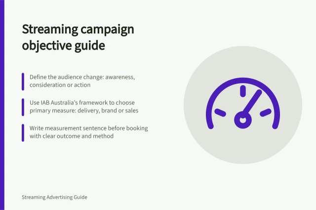Streaming campaign objective guide: Define the audience change: awareness, consideration or action; Use IAB Australia’s framework to choose primary measure: delivery, brand or sales; Write measurement sentence before booking with clear outcome and method. Choosing a streaming campaign objective