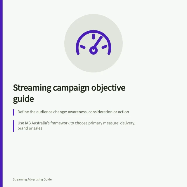 Streaming campaign objective guide: Define the audience change: awareness, consideration or action; Use IAB Australia’s framework to choose primary measure: delivery, brand or sales; Write measurement sentence before booking with clear outcome and method. Choosing a streaming campaign objective