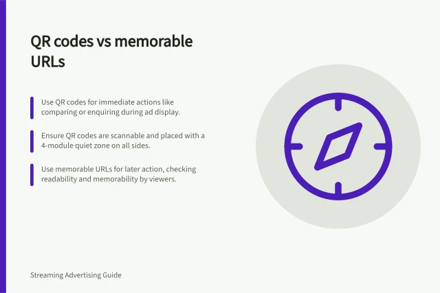 QR codes vs memorable URLs: Use QR codes for immediate actions like comparing or enquiring during ad display.; Ensure QR codes are scannable and placed with a 4-module quiet zone on all sides.; Use memorable URLs for later action, checking readability and memorability by viewers. Choosing between a memorable URL and a QR code