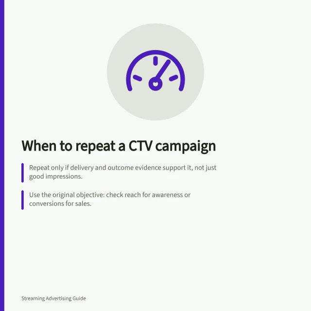 When to repeat a CTV campaign: Repeat only if delivery and outcome evidence support it, not just good impressions.; Use the original objective: check reach for awareness or conversions for sales.; Apply four checks: delivery, coverage, outcome certainty and cost of next flight. Choosing whether a CTV campaign should be repeated