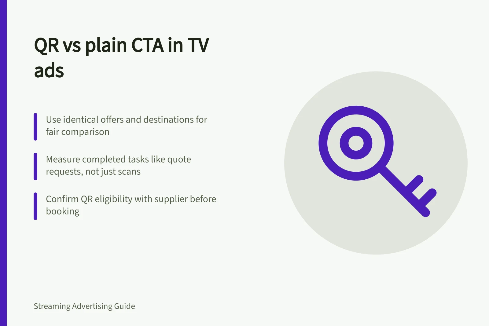 QR vs plain CTA in TV ads: Use identical offers and destinations for fair comparison; Measure completed tasks like quote requests, not just scans; Confirm QR eligibility with supplier before booking