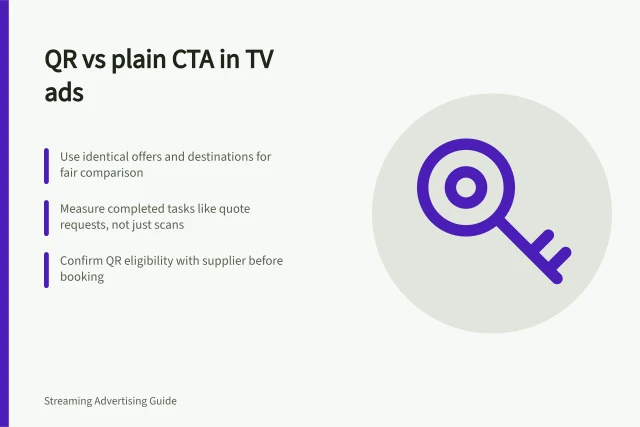 QR vs plain CTA in TV ads: Use identical offers and destinations for fair comparison; Measure completed tasks like quote requests, not just scans; Confirm QR eligibility with supplier before booking. Comparing a QR response with a non-interactive call to action