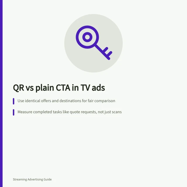 QR vs plain CTA in TV ads: Use identical offers and destinations for fair comparison; Measure completed tasks like quote requests, not just scans; Confirm QR eligibility with supplier before booking. Comparing a QR response with a non-interactive call to action