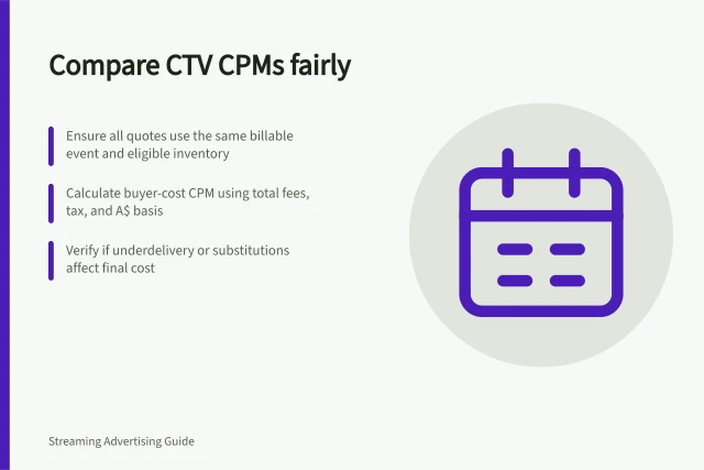 Compare CTV CPMs fairly: Ensure all quotes use the same billable event and eligible inventory; Calculate buyer-cost CPM using total fees, tax, and A$ basis; Verify if underdelivery or substitutions affect final cost. Comparing quoted CTV CPMs on a consistent basis