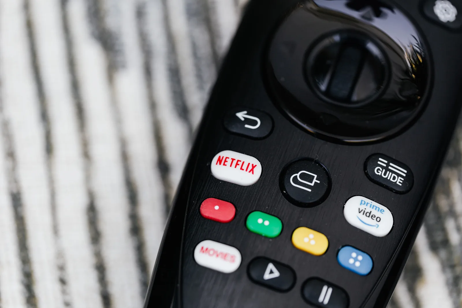 Detailed image of a remote control featuring streaming service buttons.