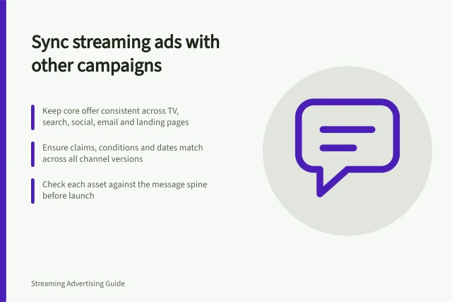 Sync streaming ads with other campaigns: Keep core offer consistent across TV, search, social, email and landing pages; Ensure claims, conditions and dates match across all channel versions; Check each asset against the message spine before launch. Coordinating streaming messages with other campaign channels