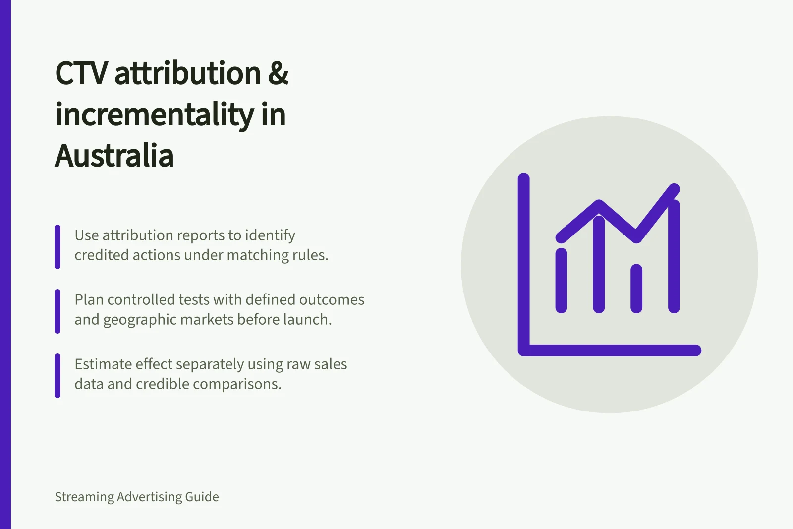 CTV attribution & incrementality in Australia: Use attribution reports to identify credited actions under matching rules.; Plan controlled tests with defined outcomes and geographic markets before launch.; Estimate effect separately using raw sales data and credible comparisons.