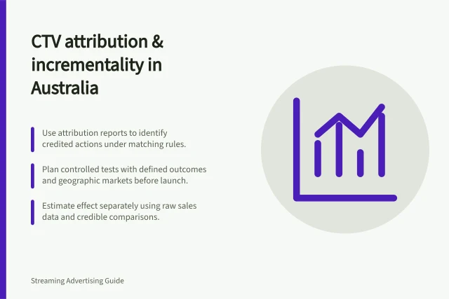 CTV attribution & incrementality in Australia: Use attribution reports to identify credited actions under matching rules.; Plan controlled tests with defined outcomes and geographic markets before launch.; Estimate effect separately using raw sales data and credible comparisons. CTV attribution and incrementality