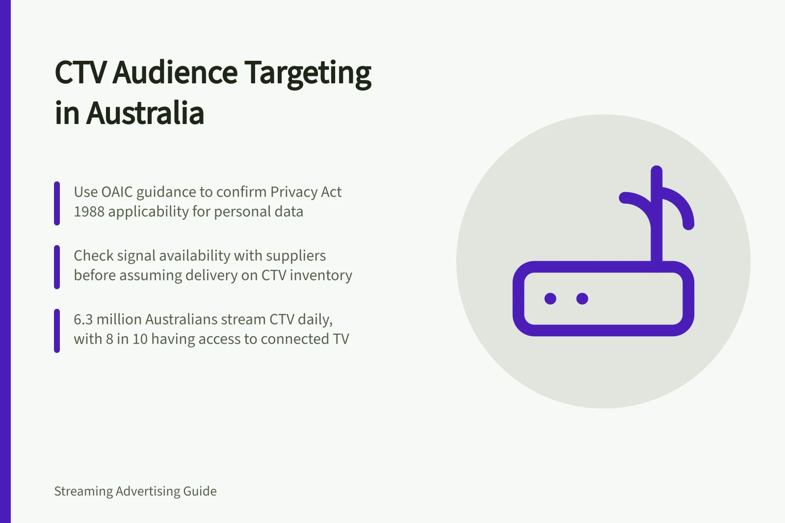 CTV Audience Targeting in Australia: Use OAIC guidance to confirm Privacy Act 1988 applicability for personal data; Check signal availability with suppliers before assuming delivery on CTV inventory; 6.3 million Australians stream CTV daily, with 8 in 10 having access to connected TV
