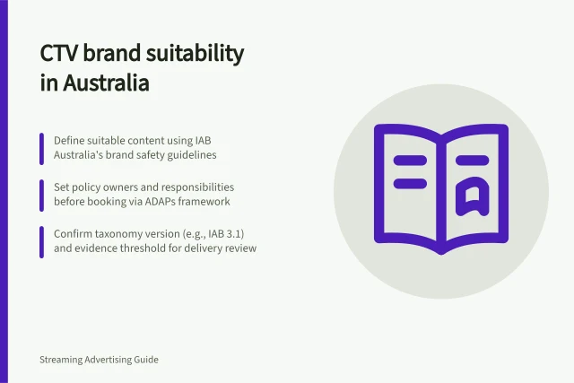 CTV brand suitability in Australia: Define suitable content using IAB Australia's brand safety guidelines; Set policy owners and responsibilities before booking via ADAPs framework; Confirm taxonomy version (e.g., IAB 3.1) and evidence threshold for delivery review. CTV brand suitability