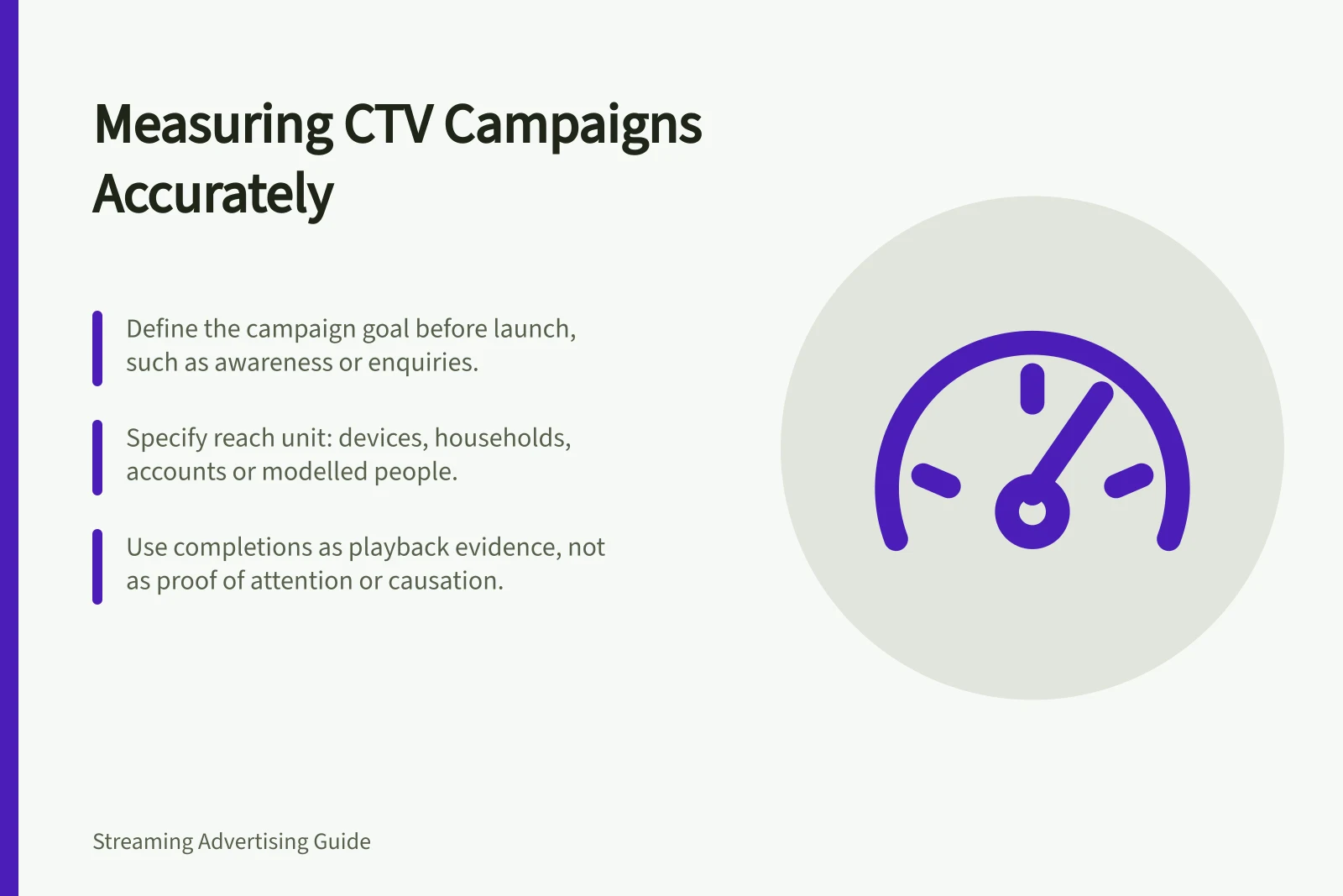 Measuring CTV Campaigns Accurately: Define the campaign goal before launch, such as awareness or enquiries.; Specify reach unit: devices, households, accounts or modelled people.; Use completions as playback evidence, not as proof of attention or causation.