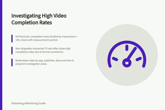 Investigating High Video Completion Rates: VCR formula: completed views divided by impressions × 100, check with measurement partner.; Non-skippable connected-TV ads often show high completion rates due to format constraints.; Break down rates by app, publisher, deal and time to pinpoint investigation areas. Investigating Unusually High Completion Rates