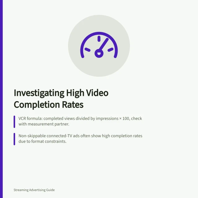 Investigating High Video Completion Rates: VCR formula: completed views divided by impressions × 100, check with measurement partner.; Non-skippable connected-TV ads often show high completion rates due to format constraints.; Break down rates by app, publisher, deal and time to pinpoint investigation areas. Investigating Unusually High Completion Rates