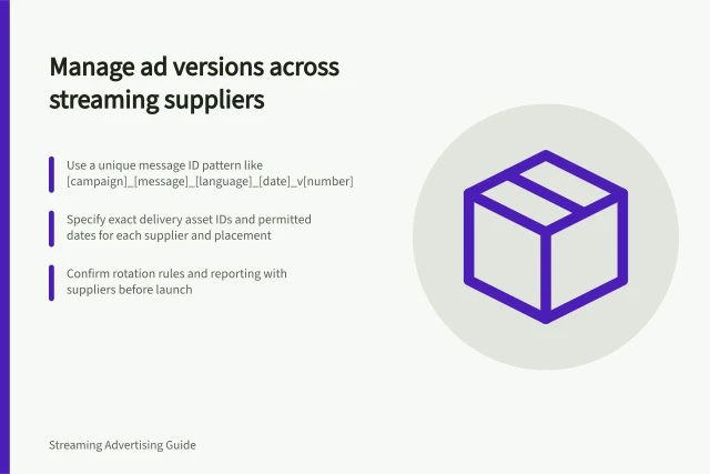Manage ad versions across streaming suppliers: Use a unique message ID pattern like [campaign]_[message]_[language]_[date]_v[number]; Specify exact delivery asset IDs and permitted dates for each supplier and placement; Confirm rotation rules and reporting with suppliers before launch. Managing several ad versions across streaming suppliers
