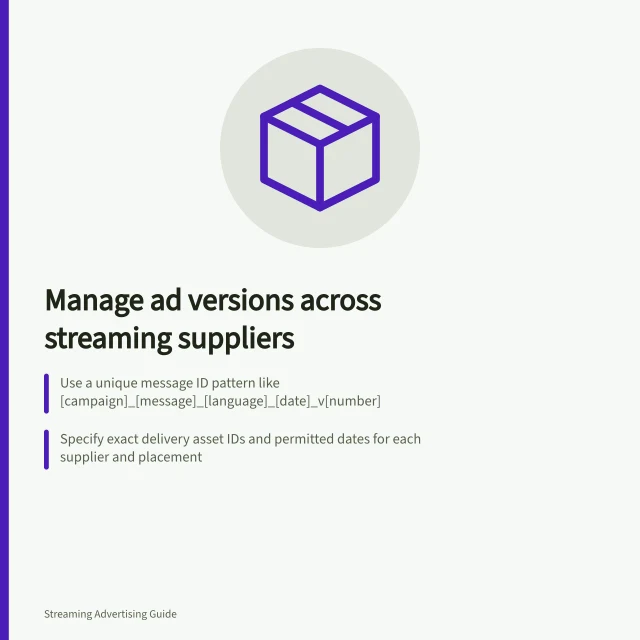 Manage ad versions across streaming suppliers: Use a unique message ID pattern like [campaign]_[message]_[language]_[date]_v[number]; Specify exact delivery asset IDs and permitted dates for each supplier and placement; Confirm rotation rules and reporting with suppliers before launch. Managing several ad versions across streaming suppliers