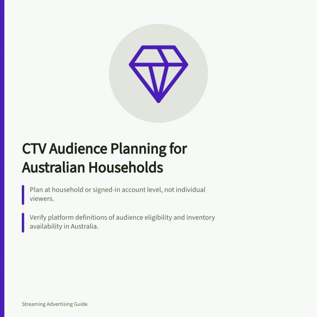 CTV Audience Planning for Australian Households: Plan at household or signed-in account level, not individual viewers.; Verify platform definitions of audience eligibility and inventory availability in Australia.; Use separate publisher estimates with confirmed reach units and device coverage. Matching a CTV audience plan to household viewing