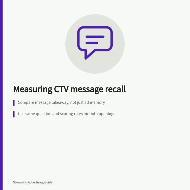 Measuring CTV message recall: Compare message takeaway, not just ad memory; Use same question and scoring rules for both openings; Check brand linkage separately from message recall. Measuring message recall for different creative openings