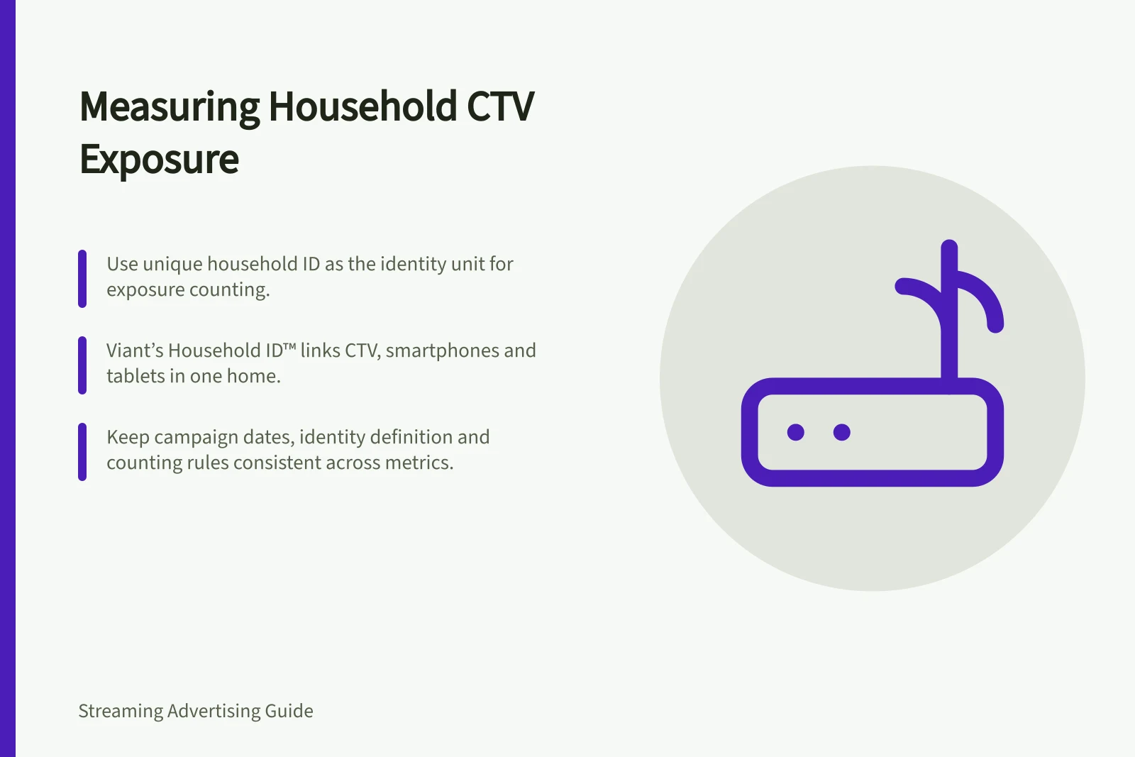 Measuring Household CTV Exposure: Use unique household ID as the identity unit for exposure counting.; Viant’s Household ID™ links CTV, smartphones and tablets in one home.; Keep campaign dates, identity definition and counting rules consistent across metrics.