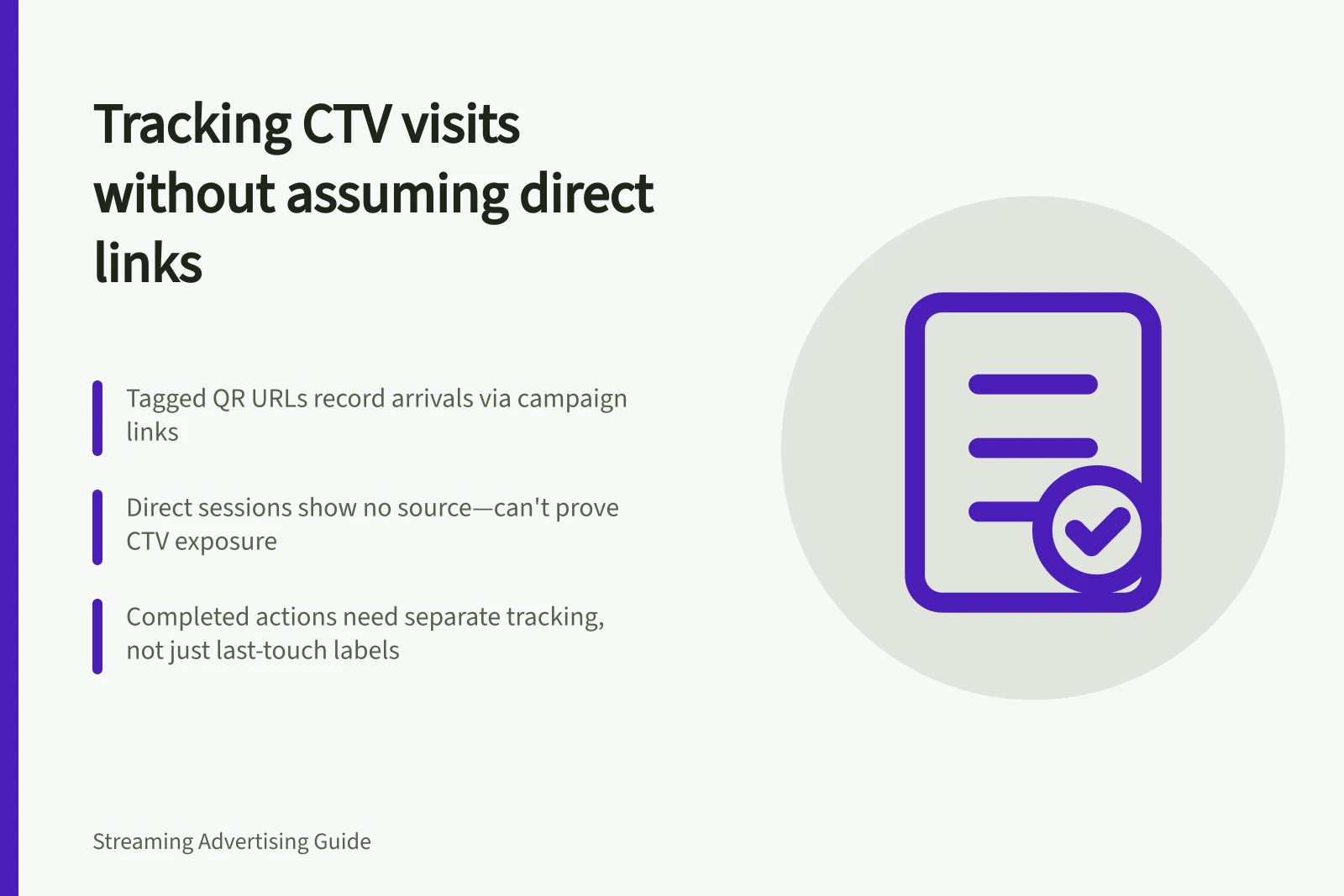 Tracking CTV visits without assuming direct links: Tagged QR URLs record arrivals via campaign links; Direct sessions show no source—can't prove CTV exposure; Completed actions need separate tracking, not just last-touch labels