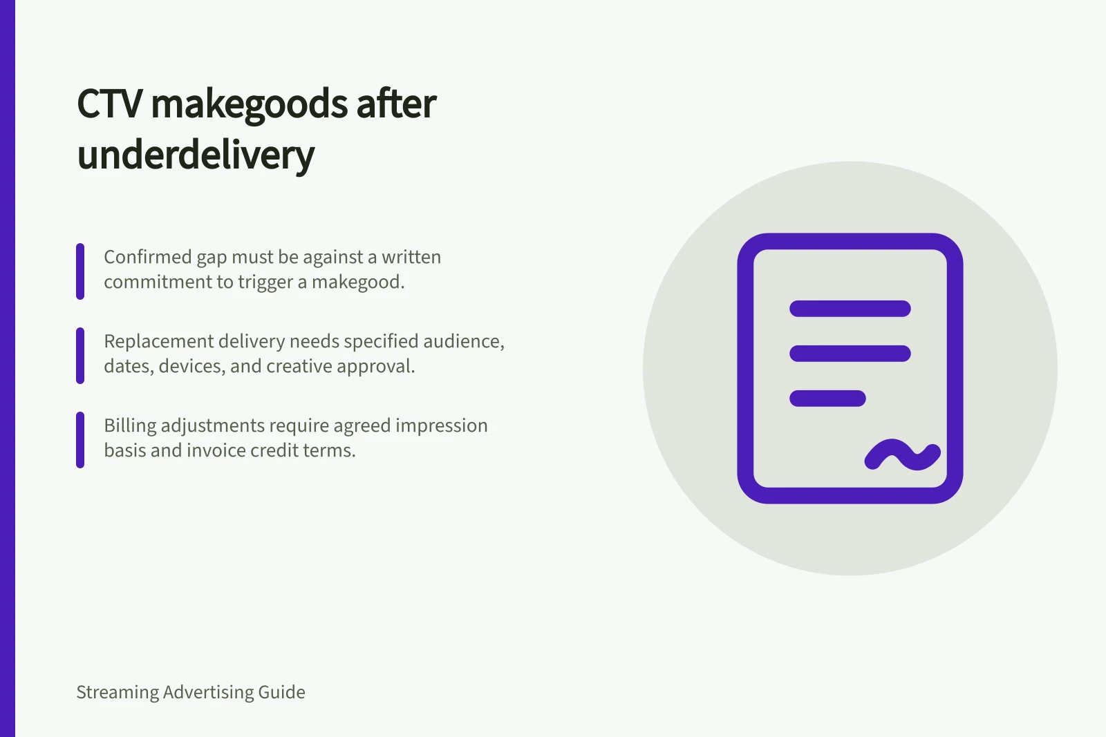 CTV makegoods after underdelivery: Confirmed gap must be against a written commitment to trigger a makegood.; Replacement delivery needs specified audience, dates, devices, and creative approval.; Billing adjustments require agreed impression basis and invoice credit terms.