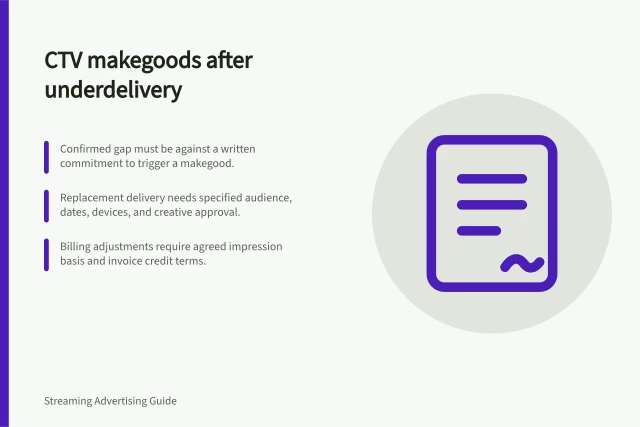 CTV makegoods after underdelivery: Confirmed gap must be against a written commitment to trigger a makegood.; Replacement delivery needs specified audience, dates, devices, and creative approval.; Billing adjustments require agreed impression basis and invoice credit terms. Negotiating makegoods after CTV underdelivery