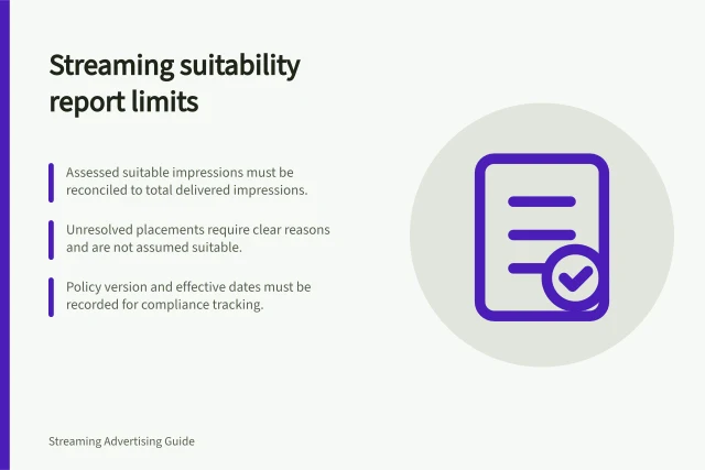 Streaming suitability report limits: Assessed suitable impressions must be reconciled to total delivered impressions.; Unresolved placements require clear reasons and are not assumed suitable.; Policy version and effective dates must be recorded for compliance tracking. Recording limitations in a streaming suitability report