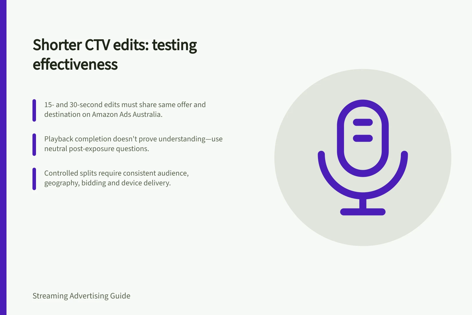 Shorter CTV edits: testing effectiveness: 15- and 30-second edits must share same offer and destination on Amazon Ads Australia.; Playback completion doesn't prove understanding—use neutral post-exposure questions.; Controlled splits require consistent audience, geography, bidding and device delivery.