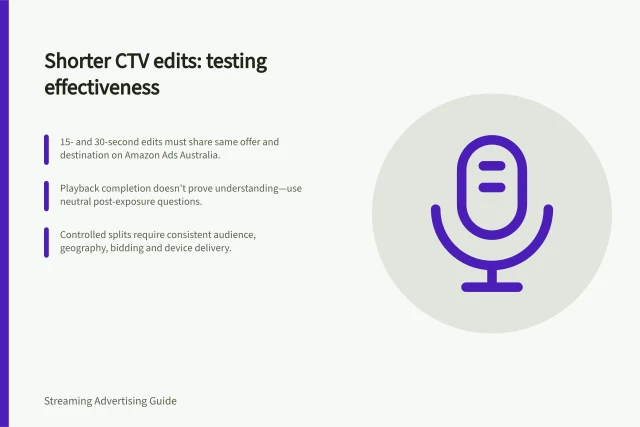 Shorter CTV edits: testing effectiveness: 15- and 30-second edits must share same offer and destination on Amazon Ads Australia.; Playback completion doesn't prove understanding—use neutral post-exposure questions.; Controlled splits require consistent audience, geography, bidding and device delivery. Testing a shorter edit against a longer product explanation